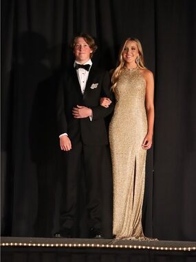 Sherri Hill Gold Sequin Halter Gown with Side Slit